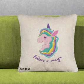 Perna Decorativa Unicorn Believe in Magic, 40x40 cm, Bej Canapea, Husa Detasabila, Perna Inclusa, BEKZ®