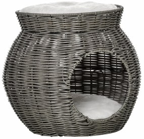 PawHut Coș pentru Pisici din Rattan PE cu 2 Niveluri, Zonă de Zgâriat și Cușcă, Perne de Plus Lavabile, Diametru Φ50x43.5cm, Gri Închis | Aosom Romania