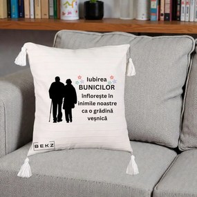 Cadou pentru Bunici - Perna Personalizata Bunicii Iubirea Infloreste Silueta Neagra Flori, 40x40 cm, Bej cu Franjuri, Husa Detasabila, Perna Inclusa, BEKZ®
