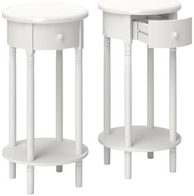 HOMCOM Set 2 Noptiere cu Sertar și Raft, Măsuțe de Cafea din Lemn în Stil Contemporan, Ø35,5x71 cm, Alb | Aosom Romania