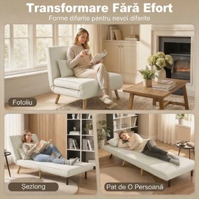 HOMCOM Fotoliu Pat 3 în 1, Reclinabil în 5 Trepte, Material Tip In, cu Pernă, Crem | Aosom Romania