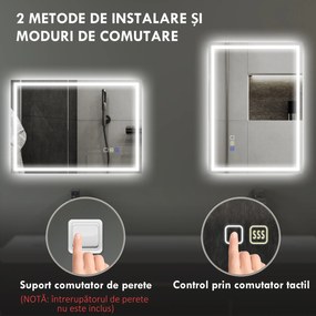 HOMCOM Oglindă Baie Antiaburire cu Lumină LED și Difuzor Bluetooth 50x70 cm | Aosom Romania