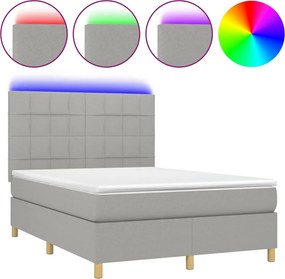 vidaXL Pat cu arcuri, saltea și LED, gri deschis, 140x190 cm, textil