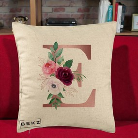 Cadou Personalizat - Perna Personalizata Monograma Rose Gold Litera E, 40x40 cm, Bej, Husa Detasabila, Perna Inclusa, BEKZ®