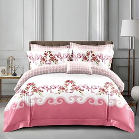 Lenjerie pat dublu cu două feţe  4 piese  Bumbac Satinat Superior  Roz  floral