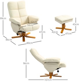 HOMCOM Fotoliu relax cu taburet, spătar rabatabil 145° , rotativ 360°, piele ecologică, alb crem | Aosom Romania