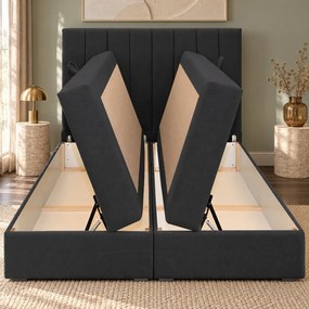 Pat boxspring din catifea Novella cu ladă 140×200 cm, gri închis