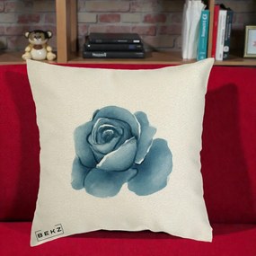 Perna Decorativa Trandafir Albastru Acuarela, 40x40 cm, Ecru, Husa Detasabila, Perna Inclusa, BEKZ®