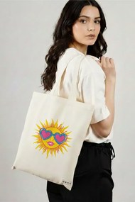 Sacosa de Panza pentru Cumparaturi, Geanta Tote, model Sun faces 10 38 x 34.5 cm, Alba, BEKZ®