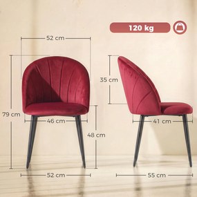 HOMCOM Set de 2 Scaune de Sufragerie din Catifea cu Spătar Tip Scoică, Culoare Roșu Vin, | Aosom Romania