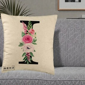 Cadou Personalizat - Perna Personalizata Monograma Florala Litera I, 40x40 cm, Bej, Husa Detasabila, Perna Inclusa, BEKZ®