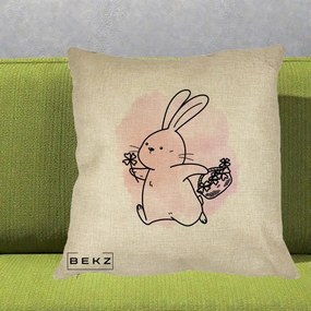 Perna Decorativa Iepuras Kawaii cu Cosulet Floral, 40x40 cm, Crem, Husa Detasabila, Perna Inclusa, BEKZ®