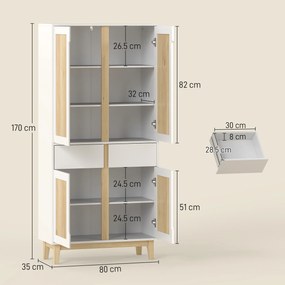 HOMCOM Bufet înalt de bucătărie, dulap de bucătărie cu 4 uși, 2 sertare și rafturi reglabile, 80x35x170cm, alb și stejar | Aosom Romania