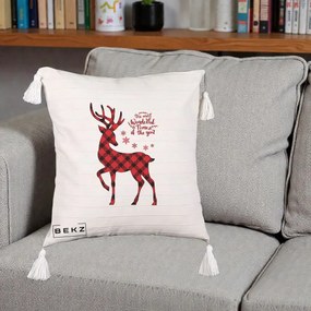 Perna Decorativa Ren Buffalo Plaid Craciun, 40x40 cm, Bej cu Franjuri, Husa Detasabila, Perna Inclusa, BEKZ®