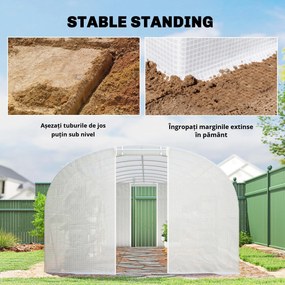 Outsunny Seră tunel de grădină 24 m², seră tunel cu cadru din oțel galvanizat, uși și 2 ferestre mari, alb | Aosom Romania