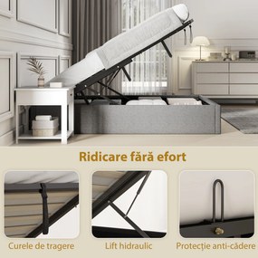 HOMCOM Cadru Pat Matrimonial 140x190 cm, Pat cu Spațiu de Depozitare, Pistoane cu Gaz, Lamele din Lemn, Fără Saltea, Silențios, Ușor de Montat, Înălțime 28 cm, Gri | Aosom Romania