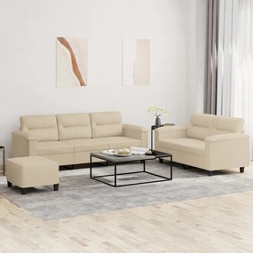 vidaXL Set de canapele cu perne, 3 piese, crem, microfibră