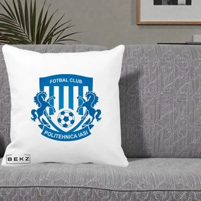 Perna Personalizata FC Politehnica Iasi Fotbal, 40x40 cm, Alba Mata, Husa Detasabila, Perna Inclusa, BEKZ®
