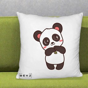 Perna Personalizata Panda Kawaii cu Bambus, 40x40 cm, Alb Pufos, Husa Detasabila, Perna Inclusa, BEKZ®