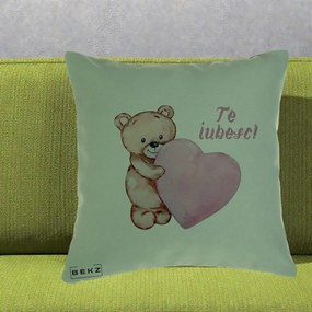 Cadou Romantic - Perna Personalizata Te Iubesc Ursulet cu Inima Roz Acuarela, 40x40 cm, Verde, Husa Detasabila, Perna Inclusa, BEKZ®