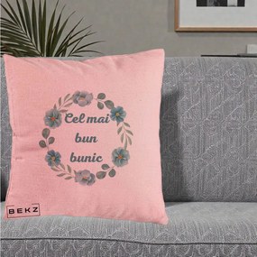 Cadou pentru Bunic - Perna Personalizata Cel Mai Bun Bunic Coronita Flori Albastre Teal, 40x40 cm, Roz, Husa Detasabila, Perna Inclusa, BEKZ®