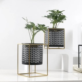 Set 2 suporturi pentru ghivece, pătrat/rotund, negru/auriu, ESME SET
