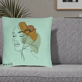 Perna Decorativa Portret Feminin Mac Mare Portocaliu, 40x40 cm, Verde Menta, Husa Detasabila, Perna Inclusa, BEKZ®