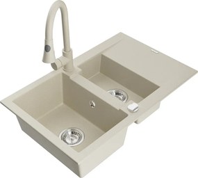 Mexen Gaspar chiuvetă de granit cu 1,5 compartimente, cu scurgător și baterie de bucătărie Elia, bej - 6507-69-670101-69