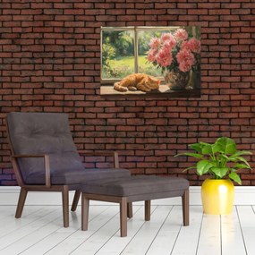 Tablou pe sticlă - Pisică la fereastră (70x50 cm)