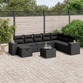 Set mobilier de gradina cu perne, 9 piese, negru, poliratan