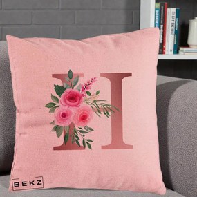 Cadou Personalizat - Perna Personalizata Monograma Rose Gold Litera H, 40x40 cm, Roz, Husa Detasabila, Perna Inclusa, BEKZ®