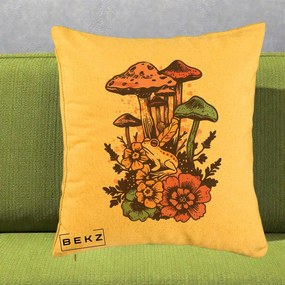 Perna Decorativa Ciuperci si Broaste Boho, 40x40 cm, Galben, Husa Detasabila, Perna Inclusa, BEKZ®