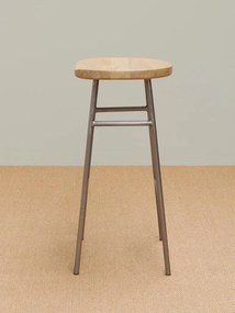 Scaun de bar din lemn de mango și metal, natur, în stil industrial, cu șezut scobit și suport pentru picioare, 76 x 42 x 37 cm, „Hinto”