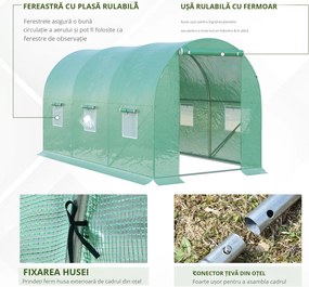 Outsunny Seră de Grădină Tunel 8 m² 4L x 2l x 1,9H m Oțel galvanizat renforțat diametru 2,4 cm + Polietilenă cu densitate ridicată ferestre ușă Verde | Aosom Romania