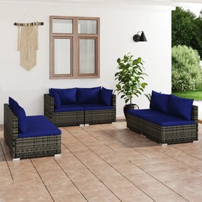 Set mobilier de gradina cu perne, 6 piese, gri, poliratan gri si bleumarin, 4x mijloc + 2x colt, 1