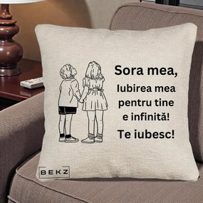 Cadou pentru Sora - Perna Personalizata Sora Mea Te Iubesc Copii Tinand Maini Line Art, 40x40 cm, Bej Canapea, Husa Detasabila, Perna Inclusa, BEKZ®