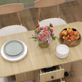 HOMCOM Masă de Bucătărie Pliabilă, Masă Rabatabilă cu Roți și Frâne pentru 6 Persoane, Birou Pliabil cu 2 Sertare și Dulap, pentru Living, 120x60x76.5 cm, Lemn Natural | Aosom Romania