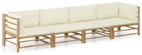 3058205 vidaXL Set mobilier de grădină, cu perne alb crem, 4 piese, bambus