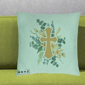 Perna Personalizata Cruce Florala Botez, 40x40 cm, Verde Menta, Husa Detasabila, Perna Inclusa, BEKZ®