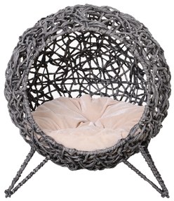 PawHut Coș pisică pat înălțat pisică cozi cuib confort dim. Ø 52 x 58H cm pernă pufoasă inclusă rășină imitând răchita gri | Aosom Romania