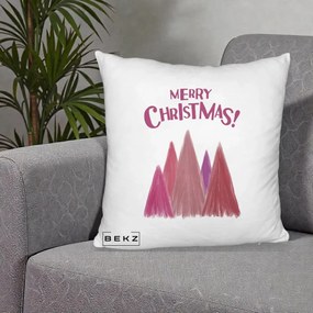 Perna Decorativa Merry Christmas Brazi Roz, 40x40 cm, Alb Pufos, Husa Detasabila, Perna Inclusa, BEKZ®