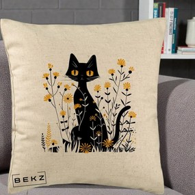 Perna Decorativa Pisica Neagra Ochi Galbeni Flori Galbene, 40x40 cm, Bej, Husa Detasabila, Perna Inclusa, BEKZ®