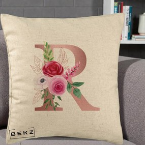 Cadou Personalizat - Perna Personalizata Monograma Rose Gold Litera R, 40x40 cm, Bej, Husa Detasabila, Perna Inclusa, BEKZ®
