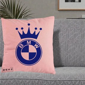 Perna Personalizata cu emblema BMW si Coroana, 40x40 cm, Roz, Husa Detasabila, Perna Inclusa, BEKZ®