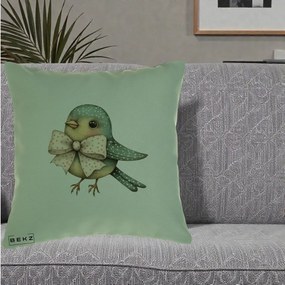 Perna Decorativa Pasare Teal cu Fundita cu Buline, 40x40 cm, Verde, Husa Detasabila, Perna Inclusa, BEKZ®