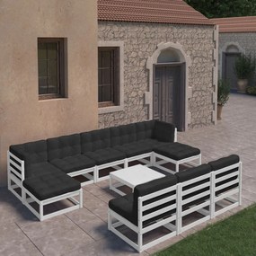 3077150 vidaXL Set mobilier grădină cu perne, 11 piese, alb, lemn masiv pin