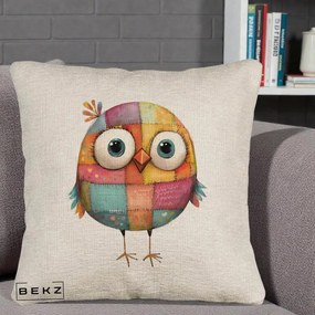 Perna Decorativa Pasare Patchwork Colorata, 40x40 cm, Bej Canapea, Husa Detasabila, Perna Inclusa, BEKZ®
