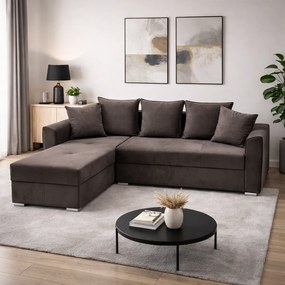 Coltar Lori, 4 locuri, cu 2 lazi de depozitare, catifea, 260x95x80 cm, culoare maro Stânga, catifea, Maro