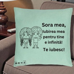 Cadou pentru Sora - Perna Personalizata Sora Mea Te Iubesc Copii Anime Line Art, 40x40 cm, Verde Menta, Husa Detasabila, Perna Inclusa, BEKZ®