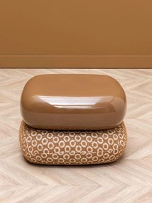 Puf rotativ cu blat din lemn lăcuit camel și bază tapițată bej, folosit și ca măsuță auxiliară, stil anii ‘60–‘70, 37 x 49,5 x 56 cm, „Oreal”